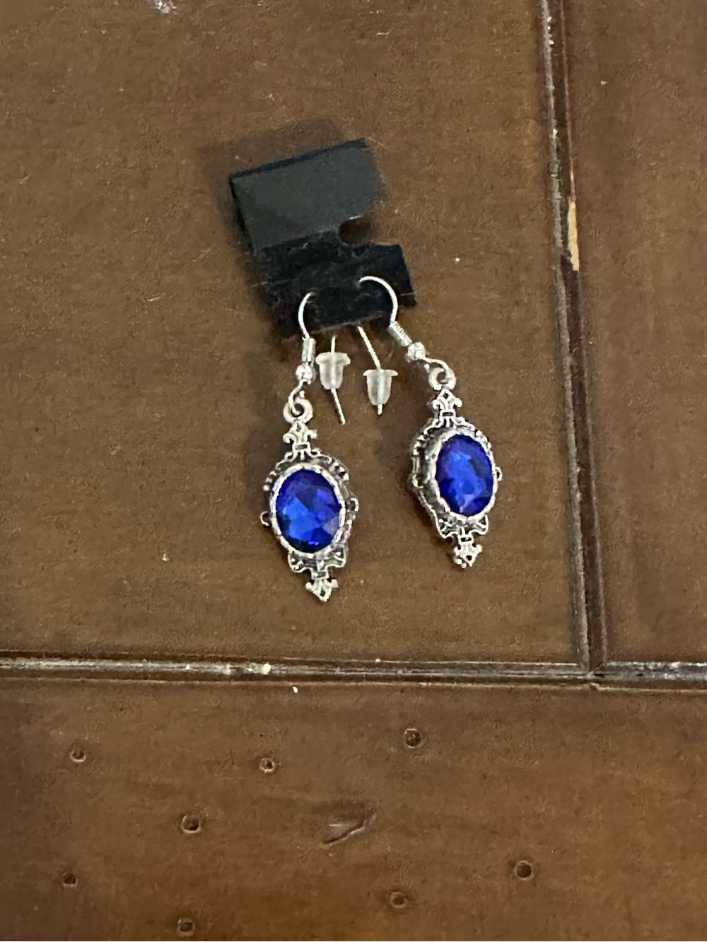 Vintage-Style Silver Drop Earrings with Deep Blue Stones